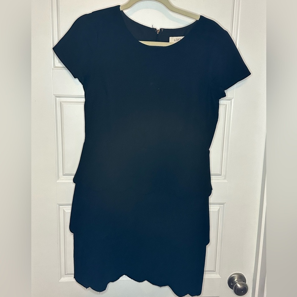 Black short sleeve LOFT dress with scalloped skirt